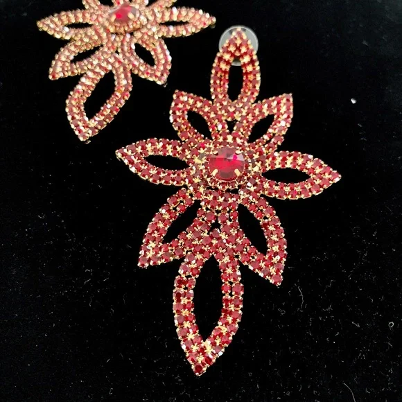 Gorgeous Ruby Red Flower Drop Earrings - Picture 2 of 7
